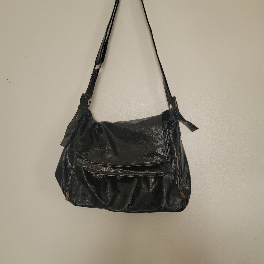 Black shiny leather shoulder / crossbody bag